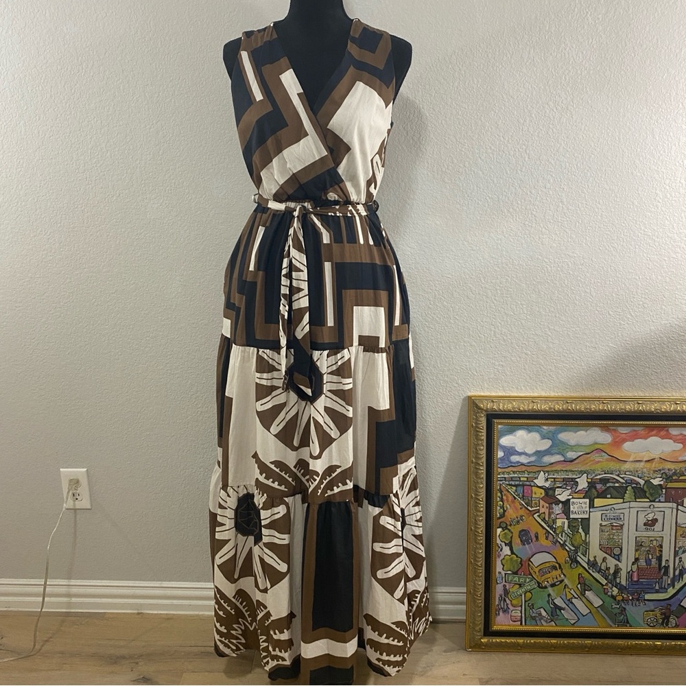 Civico 51 Brown and Cream Maxi Dress, 100% Cotton, Made in Italy